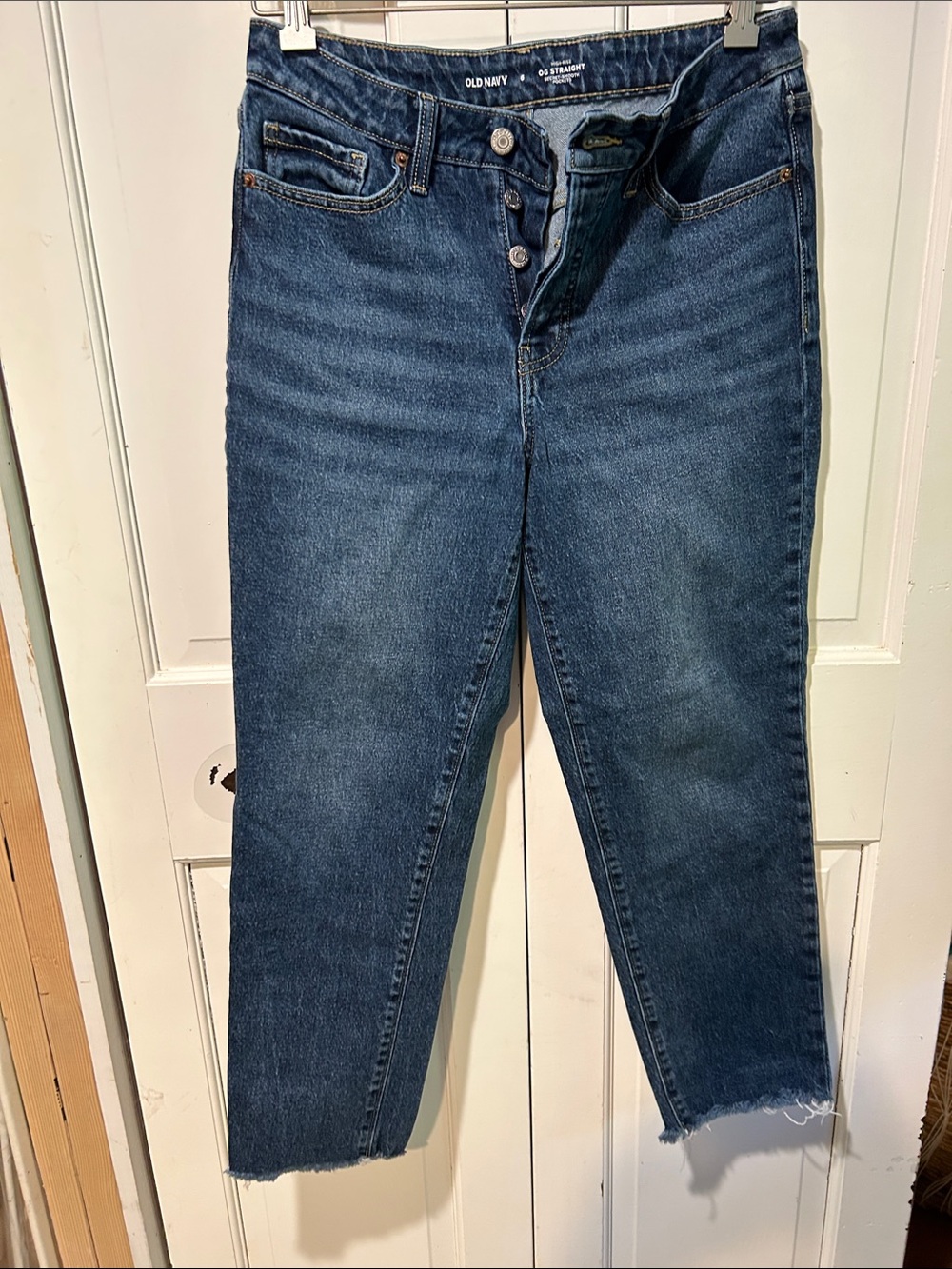 Old Navy Dark Blue Cropped Button-Fly Jeans raw hem dark/medium wash
